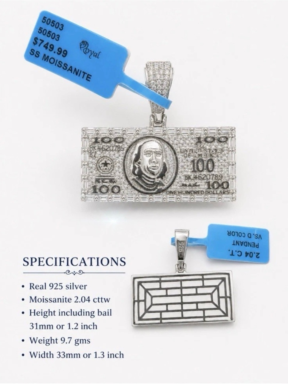 Sterling Silver $100 Bill Moissanite Pendant - Silver
